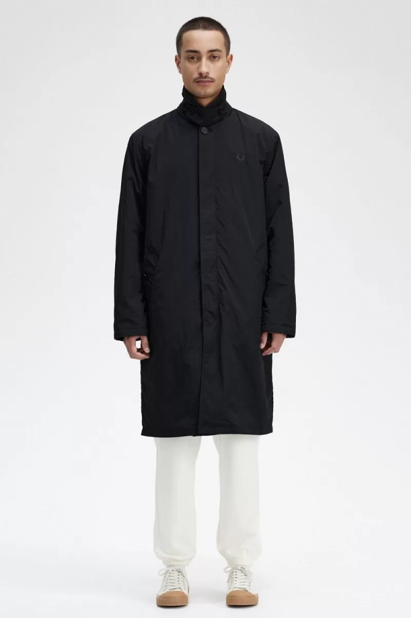 Fred Perry Button Through Mac Mens Parka Black VNOIW9105 - Fred Perry Button Through Mac Men's Parka Black | VNOIW9105