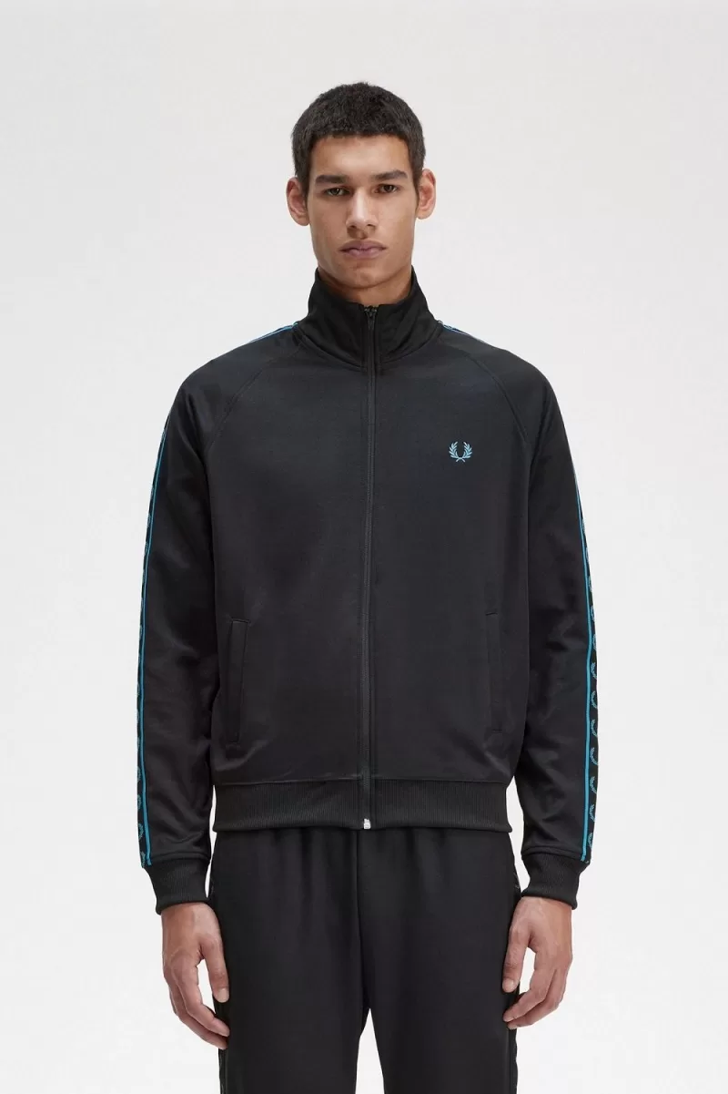 Fred Perry Contrast Tape Men’s Track Jackets Black Cyber Blue | BDNSO1607 Fred Perry Contrast Tape Men’s Track Jackets Black Cyber Blue | BDNSO1607