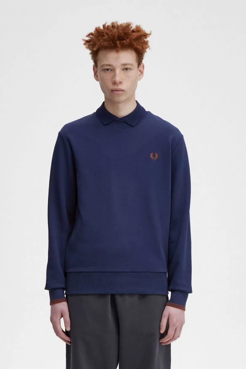 Fred Perry Crew Neck Men’s Sweatshirts French Navy Whisky Brown | YJOUR5793 Fred Perry Crew Neck Men’s Sweatshirts French Navy Whisky Brown | YJOUR5793