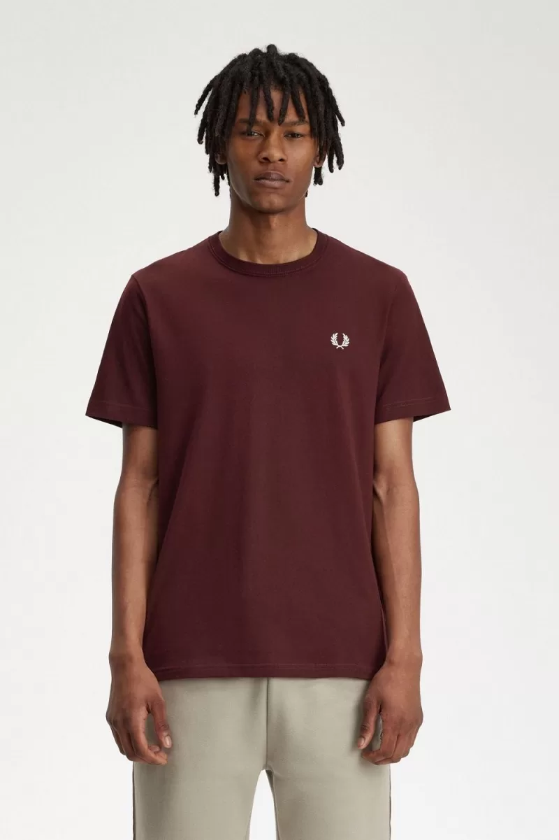 Fred Perry Crew Neck Men’s T-Shirt Oxblood Beige | AQSTI1325 Fred Perry Crew Neck Men’s T-Shirt Oxblood Beige | AQSTI1325