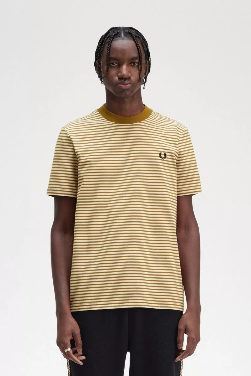 Fred Perry Fine Stripe Heavyweight Men’s T-Shirt Oatmeal Dark Coffee | WUBJN5046 Fred Perry Fine Stripe Heavyweight Men’s T-Shirt Oatmeal Dark Coffee | WUBJN5046