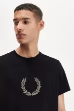 Fred Perry Flocked Laurel Wreath Men’s T-Shirt Black Warm Grey | GFPHV8769