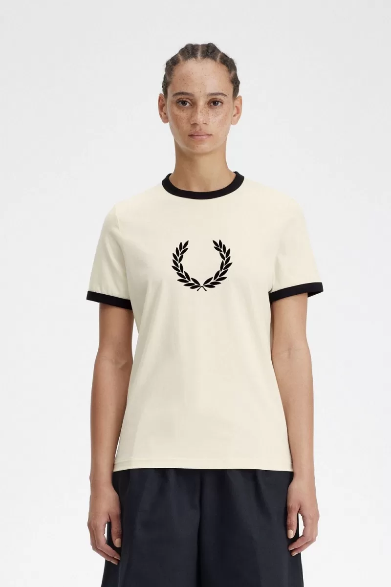 Fred Perry Flocked Laurel Wreath Women’s T-Shirt Beige | JQPES0943 Fred Perry Flocked Laurel Wreath Women’s T-Shirt Beige | JQPES0943