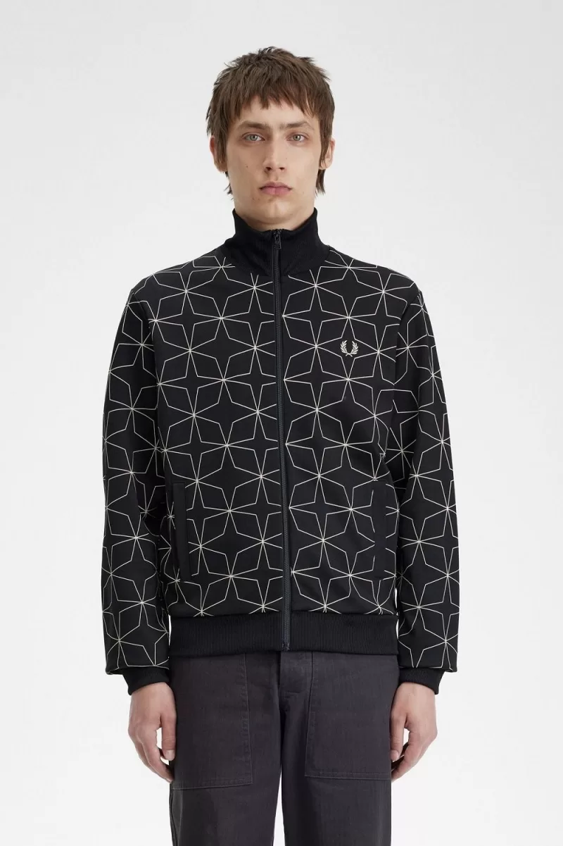 Fred Perry Geometric Print Men’s Track Jackets Black | PQUJO2649 Fred Perry Geometric Print Men’s Track Jackets Black | PQUJO2649