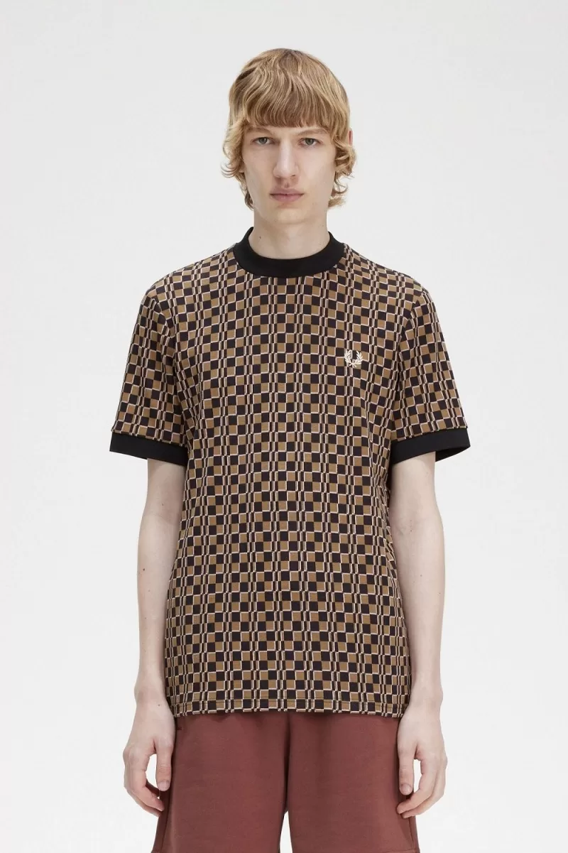 Fred Perry Glitch Chequerboard Men’s T-Shirt Brown Navy | XSKQD5630 Fred Perry Glitch Chequerboard Men’s T-Shirt Brown Navy | XSKQD5630