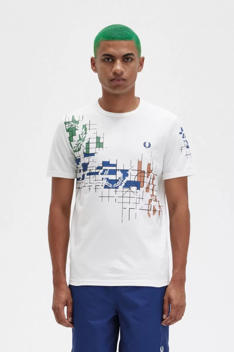 Fred Perry Grid Print Men’s T-Shirt Snow White | NCOWG1024 Fred Perry Grid Print Men’s T-Shirt Snow White | NCOWG1024