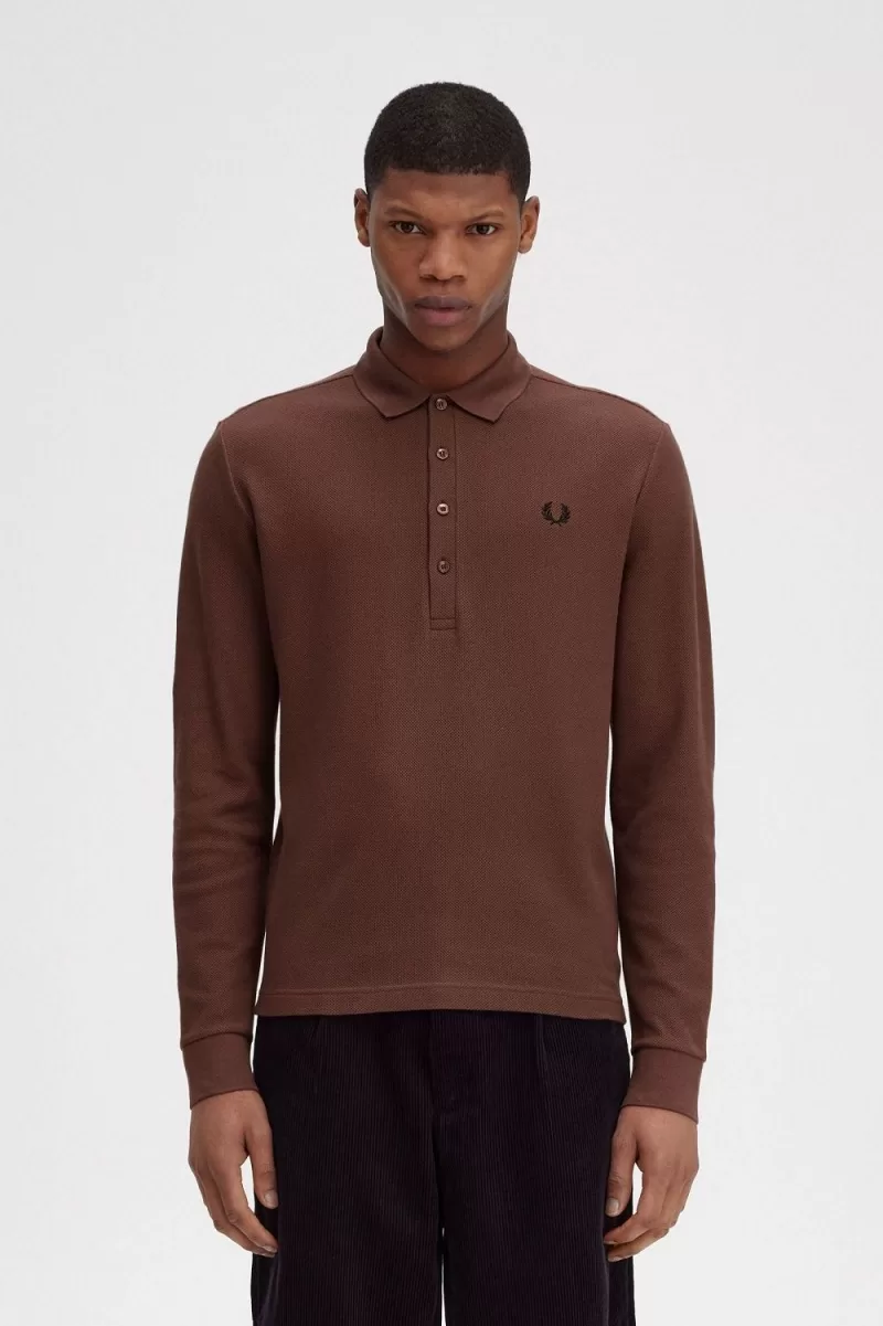 Fred Perry Honeycomb Cotton Long Sleeve Men’s Polo Shirt Whisky Brown | CRSBD5321 Fred Perry Honeycomb Cotton Long Sleeve Men’s Polo Shirt Whisky Brown | CRSBD5321