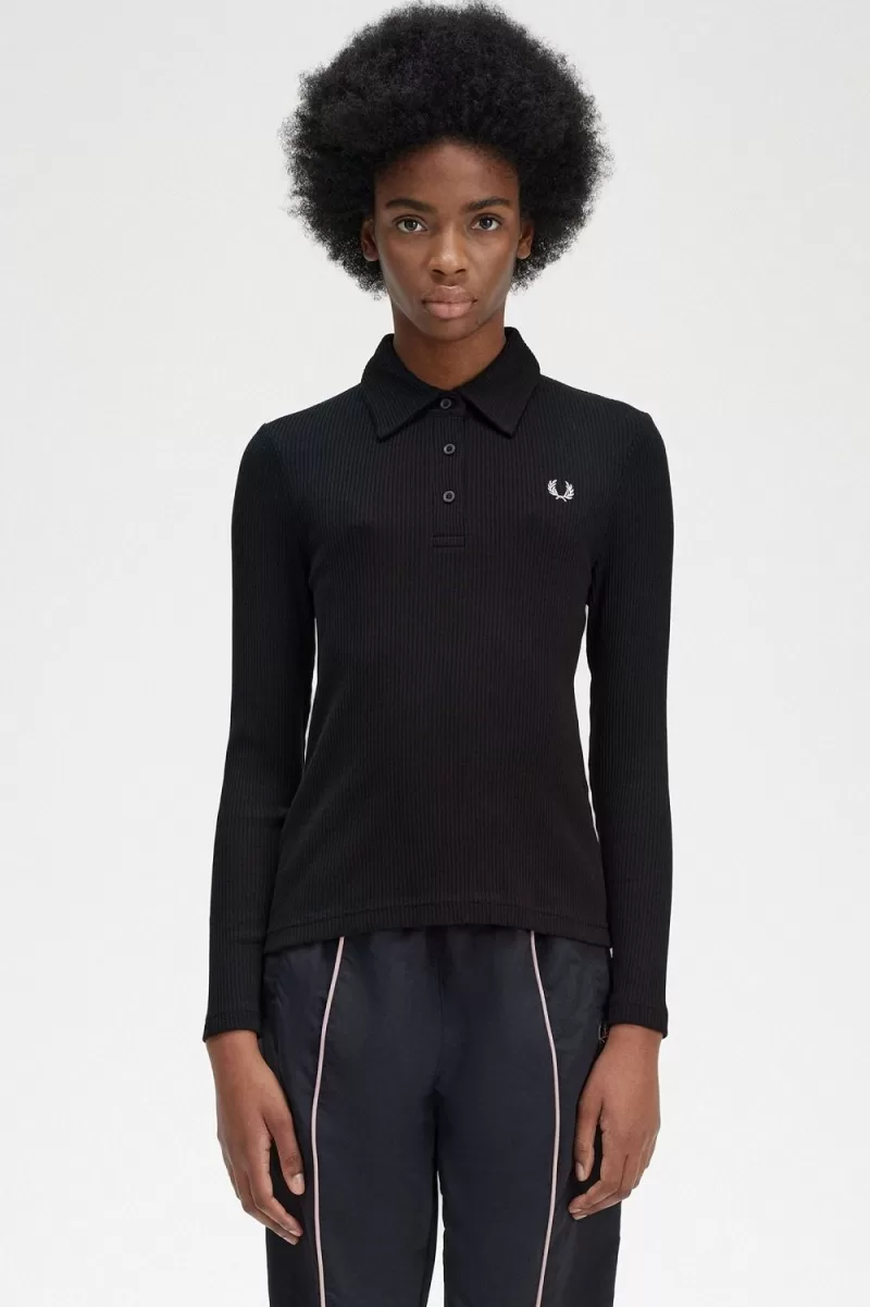 Fred Perry Long Sleeve Ribbed Womens Polo Shirt Black IXAGH0539 - Fred Perry Long Sleeve Ribbed Women's Polo Shirt Black | IXAGH0539