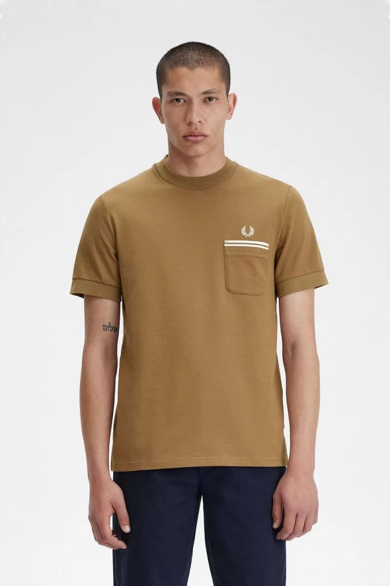 Fred Perry Loopback Jersey Pocket Mens T Shirt Brown RCKJQ8293 - Fred Perry Loopback Jersey Pocket Men's T-Shirt Brown | RCKJQ8293