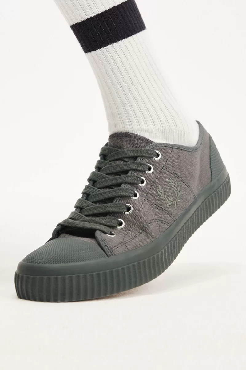 Fred Perry Low Hughes Mens Plimsolls Field Green Warm Grey KDSNL2450 1 - Fred Perry Low Hughes Men's Plimsolls Field Green Warm Grey | KDSNL2450