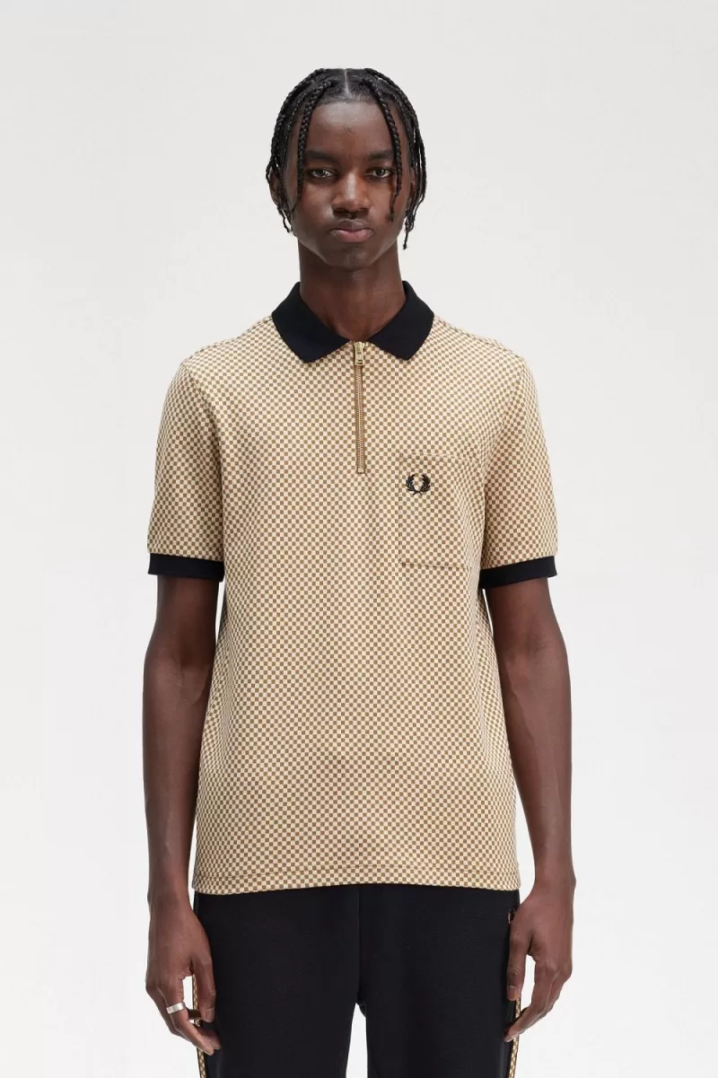 Fred Perry Micro Chequerboard Men’s Polo Shirt Oatmeal Dark Coffee | YWLSX3950 Fred Perry Micro Chequerboard Men’s Polo Shirt Oatmeal Dark Coffee | YWLSX3950