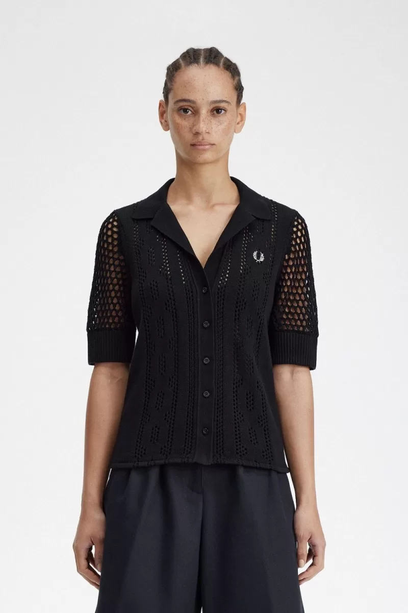 Fred Perry Open-Knit Button-Through Women’s Shirt Black | TJRNG7480 Fred Perry Open-Knit Button-Through Women’s Shirt Black | TJRNG7480