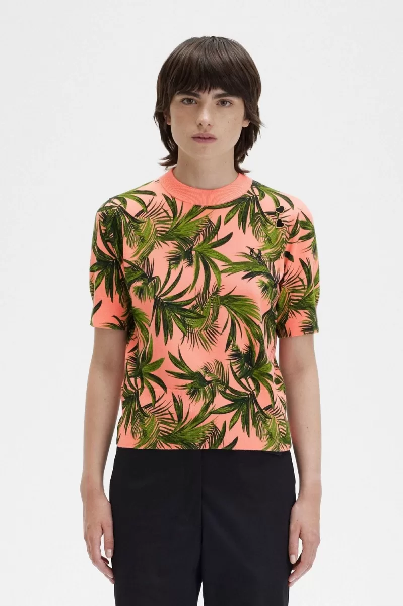 Fred Perry Palm Print Women’s Jumper Coral Heat | HFKNR9205 Fred Perry Palm Print Women’s Jumper Coral Heat | HFKNR9205