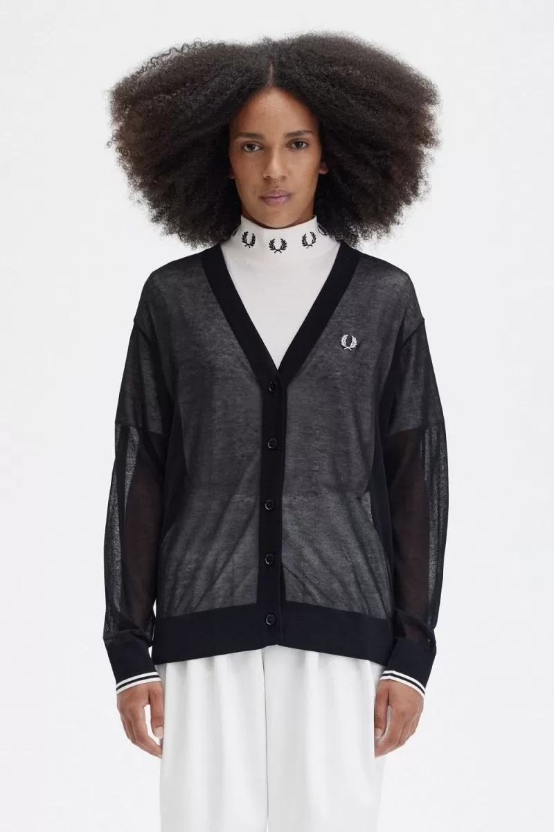 Fred Perry Sheer V-Neck Women’s Cardigan Black | FHVWS7913 Fred Perry Sheer V-Neck Women’s Cardigan Black | FHVWS7913