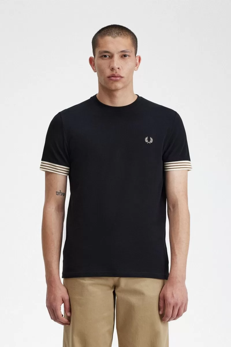Fred Perry Striped Cuff Men’s T-Shirt Black | WUKSJ3472 Fred Perry Striped Cuff Men’s T-Shirt Black | WUKSJ3472