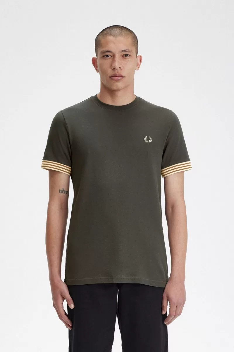 Fred Perry Striped Cuff Men’s T-Shirt Field Green | DKOQV4981 Fred Perry Striped Cuff Men’s T-Shirt Field Green | DKOQV4981