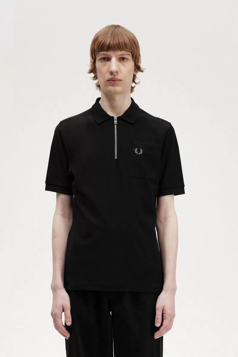 Fred Perry Textured Zip Neck Men’s Polo Shirt Black | KTOBS8074 Fred Perry Textured Zip Neck Men’s Polo Shirt Black | KTOBS8074