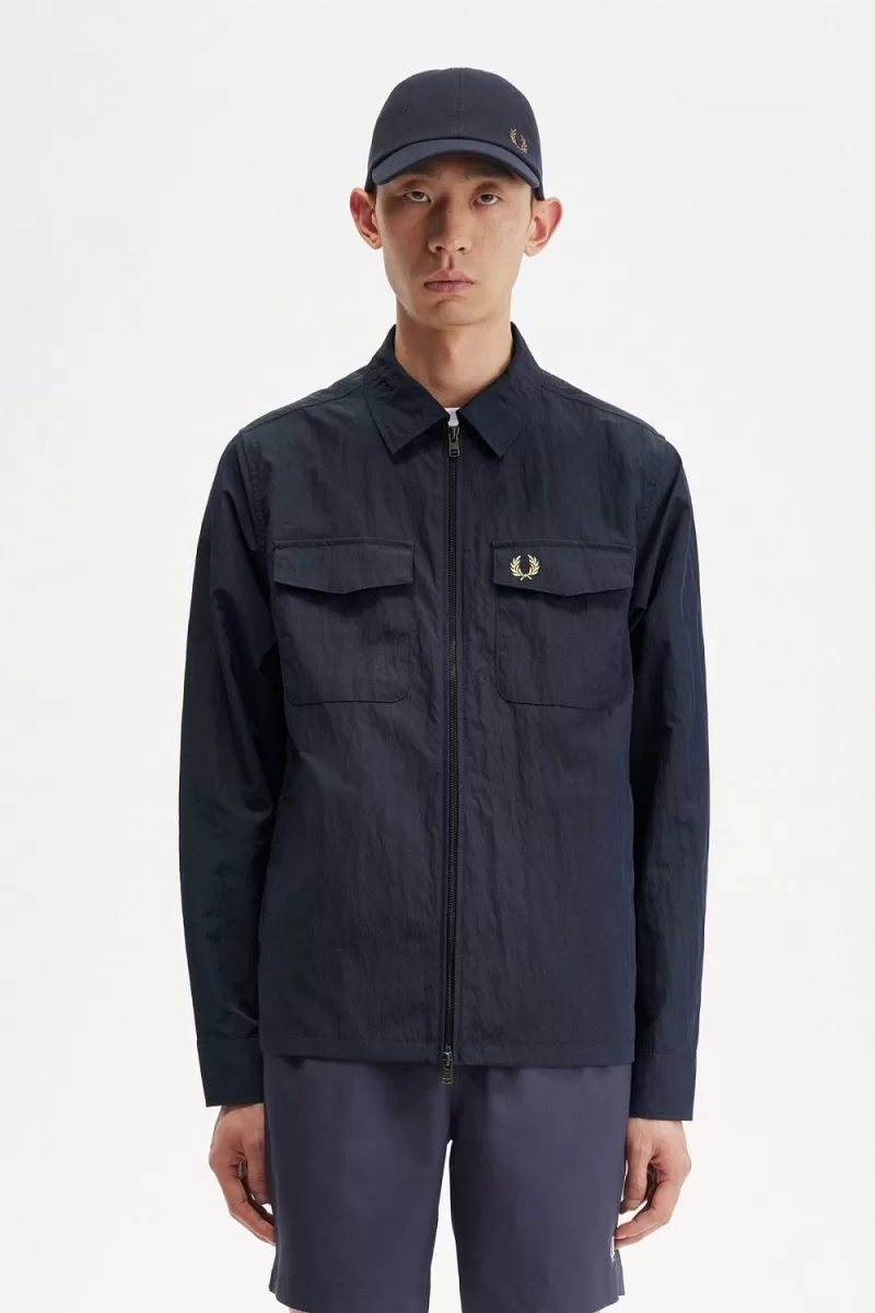 Fred Perry Textured Zip-Through Men’s Shirt Navy | TYFMP8401 Fred Perry Textured Zip-Through Men’s Shirt Navy | TYFMP8401